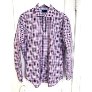 Esquire Mens Slim Fit Non Iron Plaid Dress Shirt 17.5 34/35 Blue Red Check